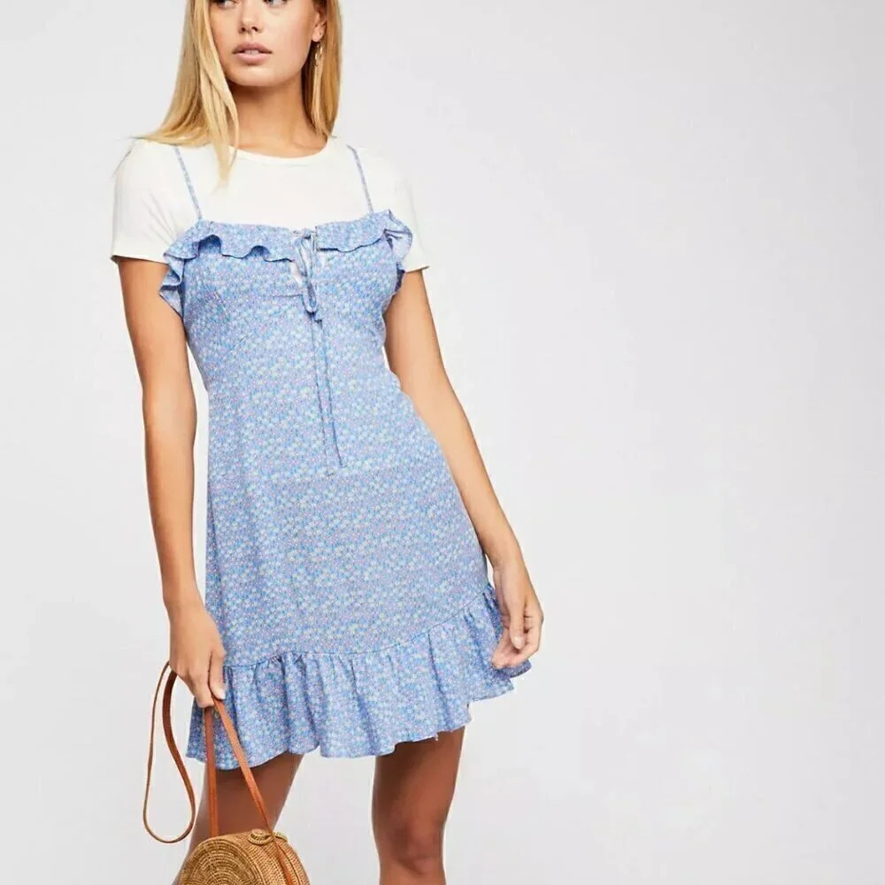 Free People Women's Blue Le Fleur Ditsy  Mini Slip Dress Small Ruffled Backless